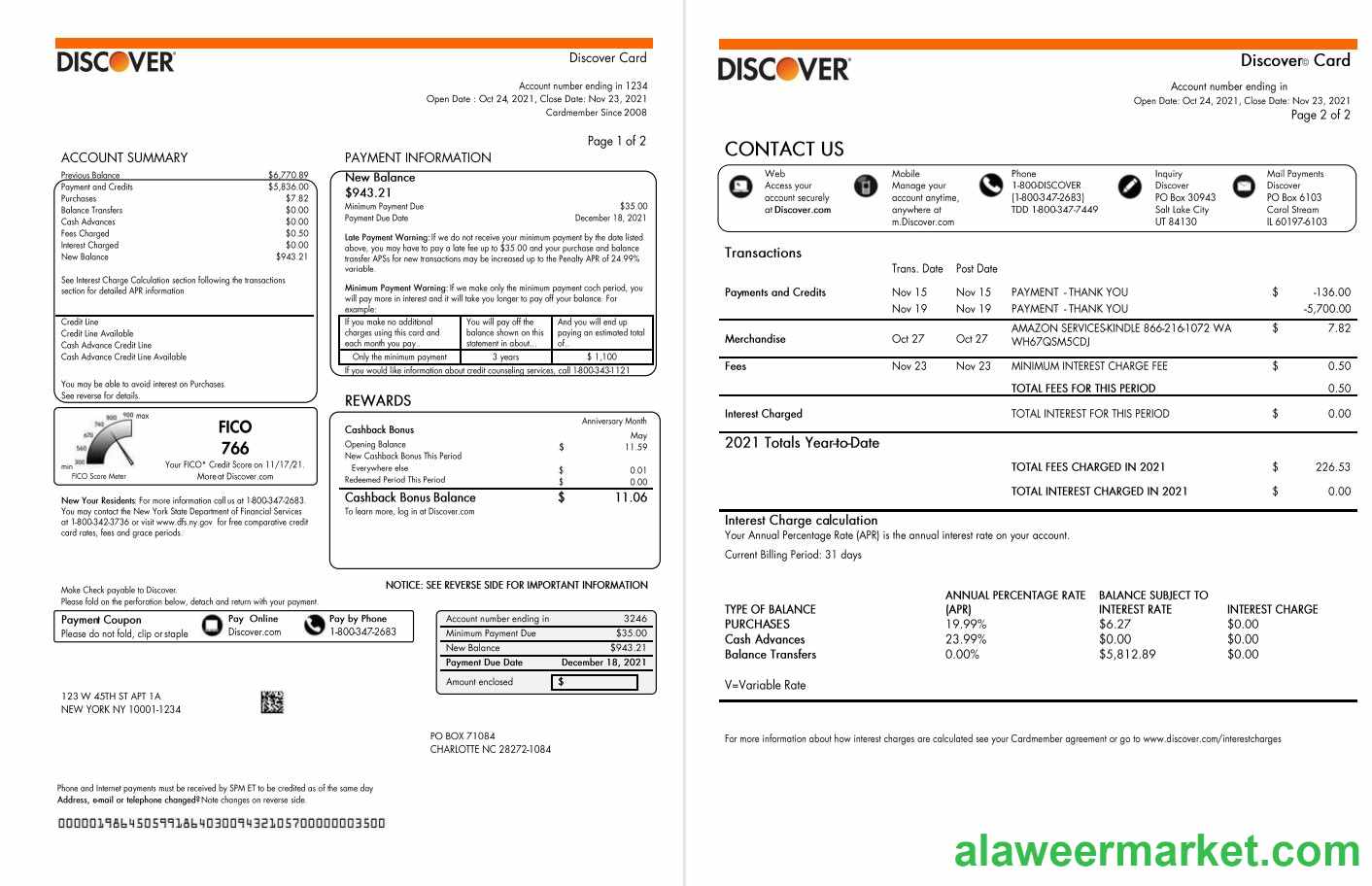 USA Discover bank credit card statement template in Word and PDF format (2 pages)